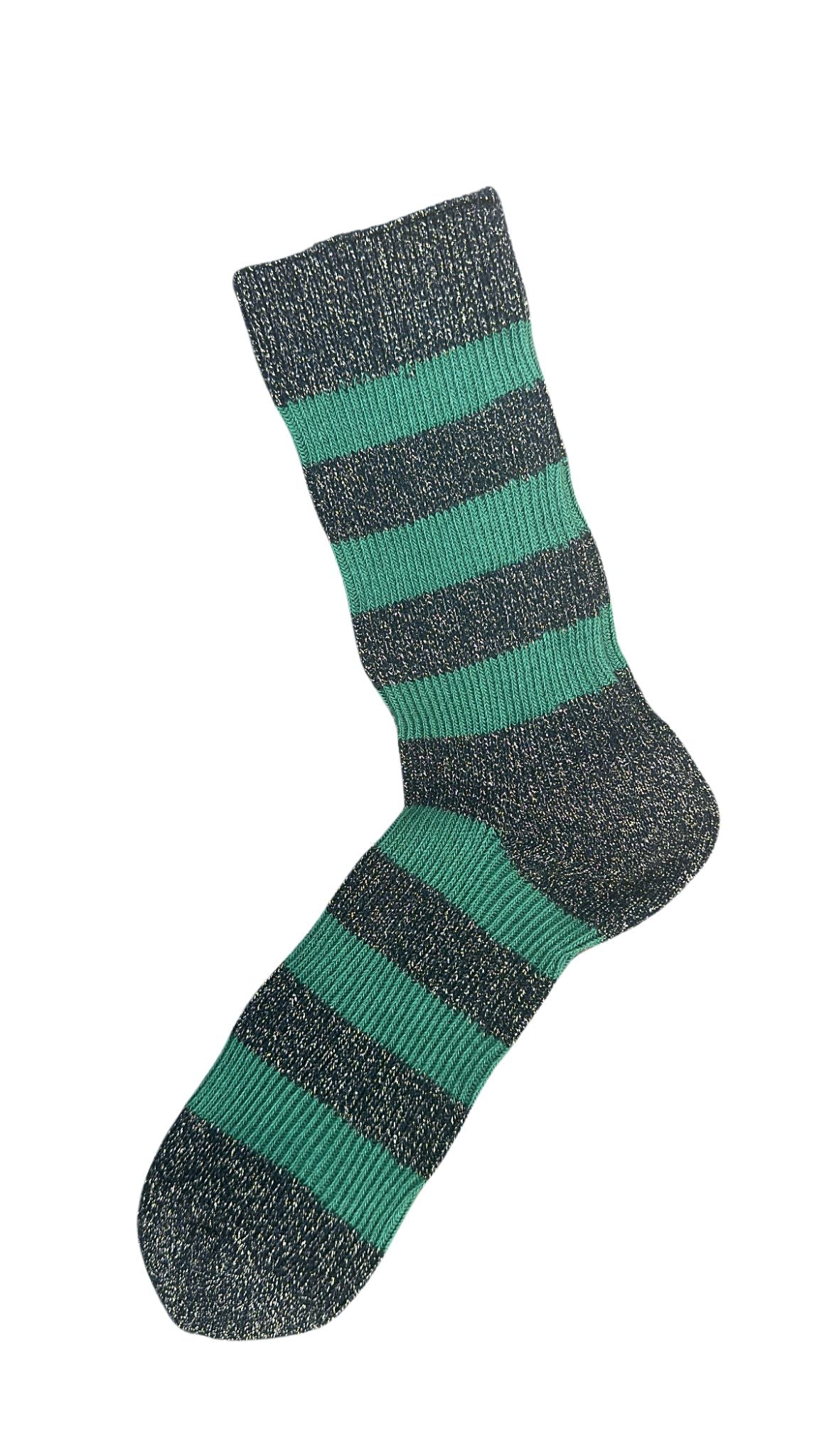 green and gray striped socks