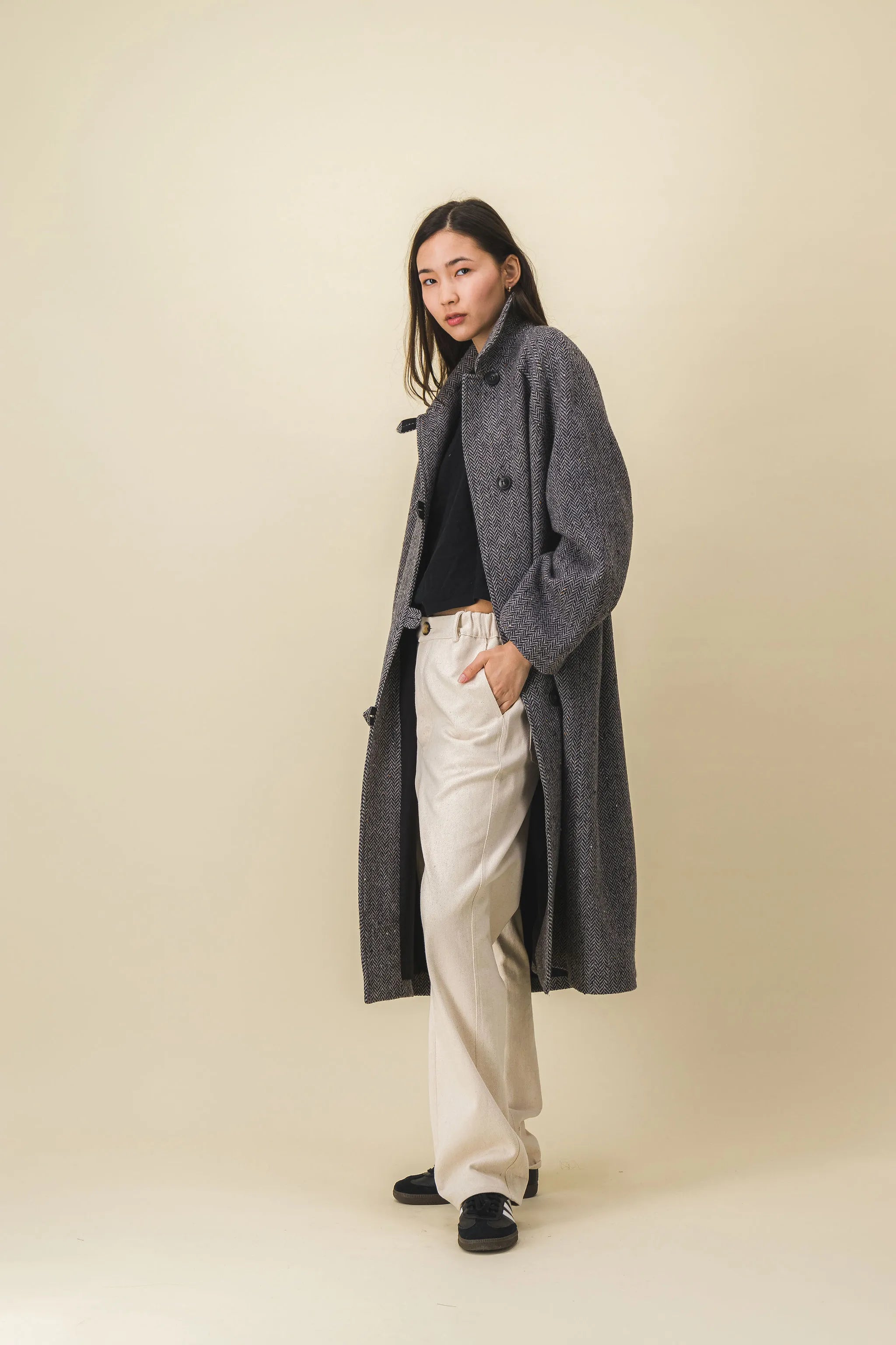 Women's long grey-black heather coat