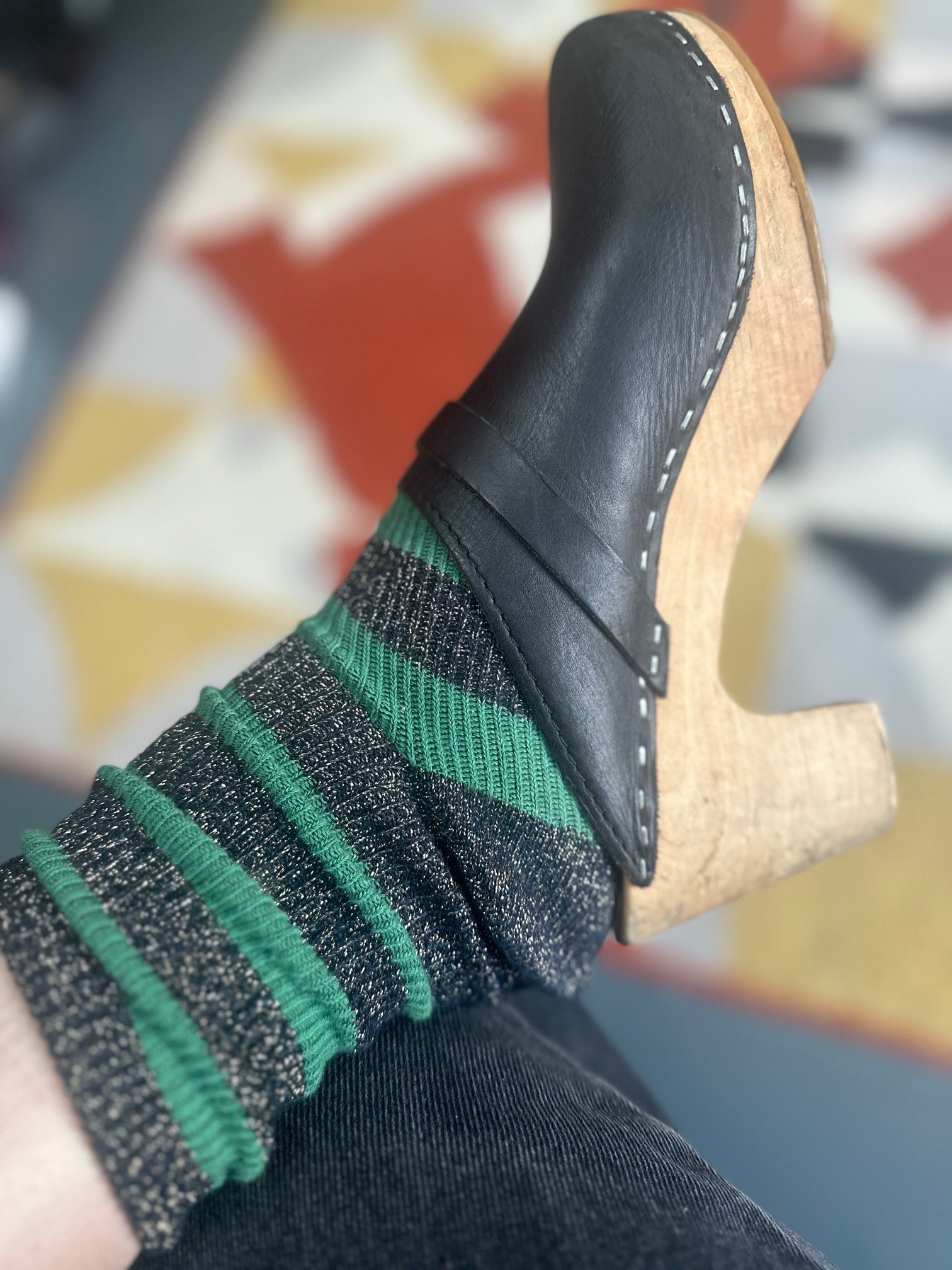 green and gray striped socks