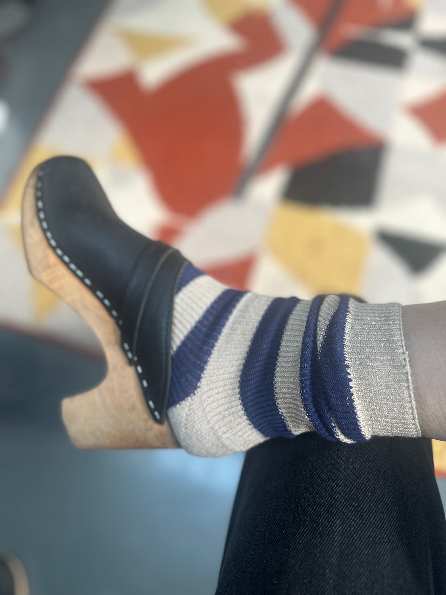 blue and white striped socks