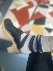 blue and white striped socks
