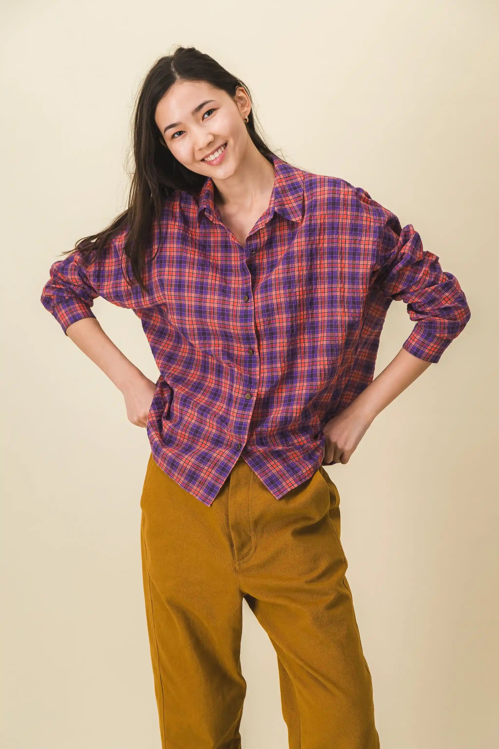 women's red and blue checkered shirt