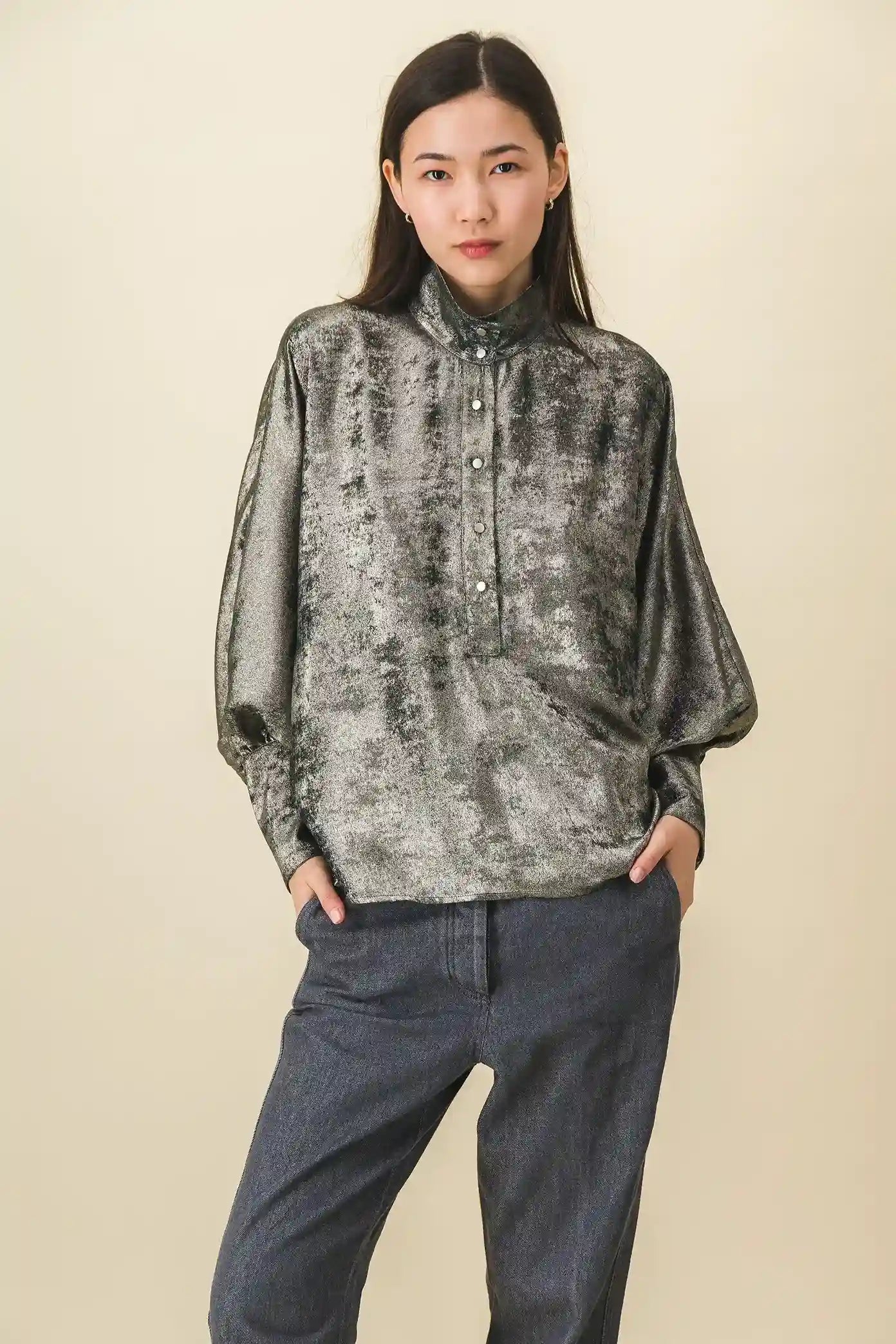 women's green and gray velvet shirt
