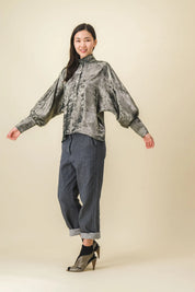 women's green and gray velvet shirt