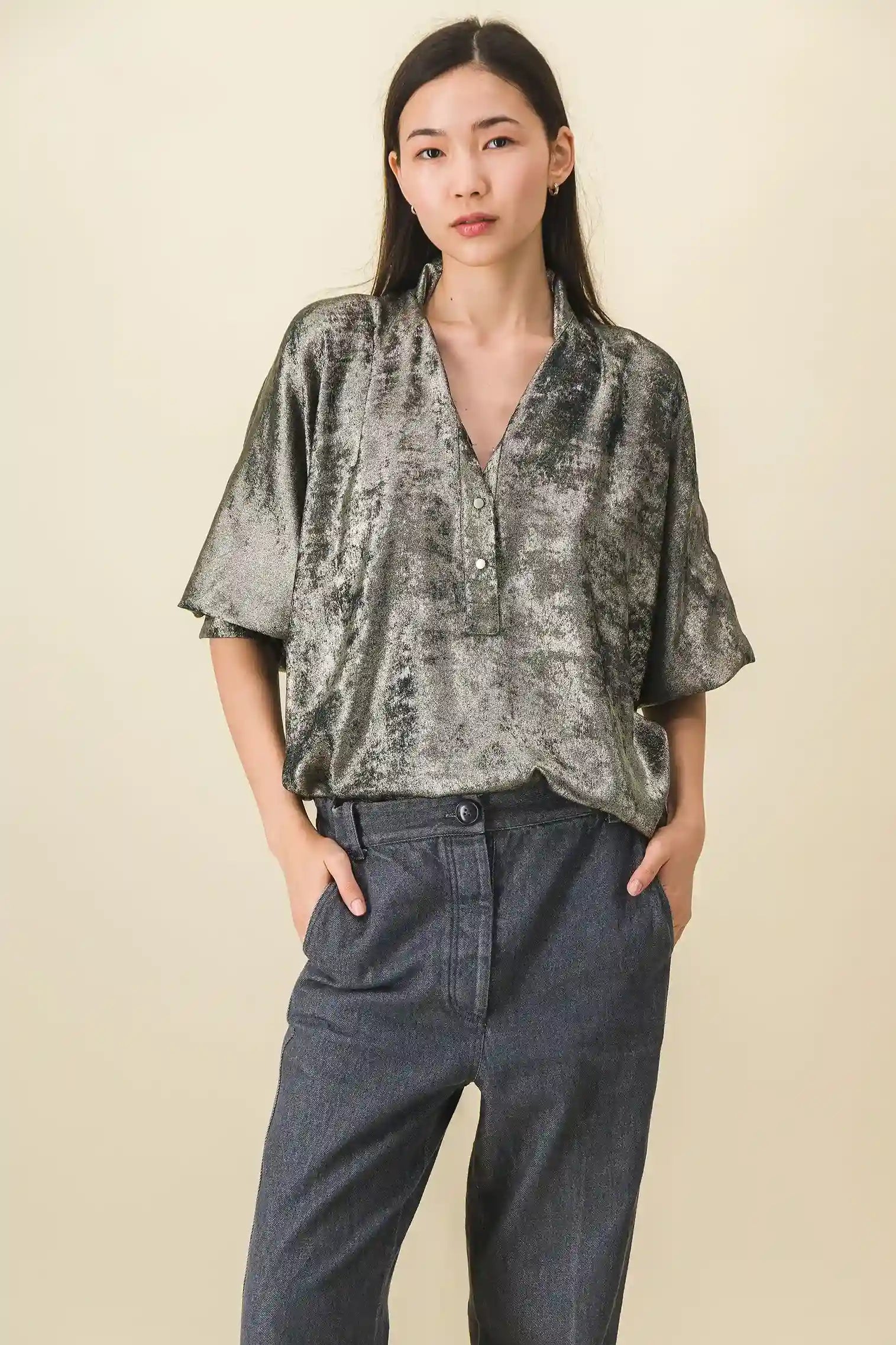 women's green and gray velvet shirt
