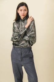 women's green and gray velvet shirt