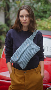 women's blue corduroy fanny pack