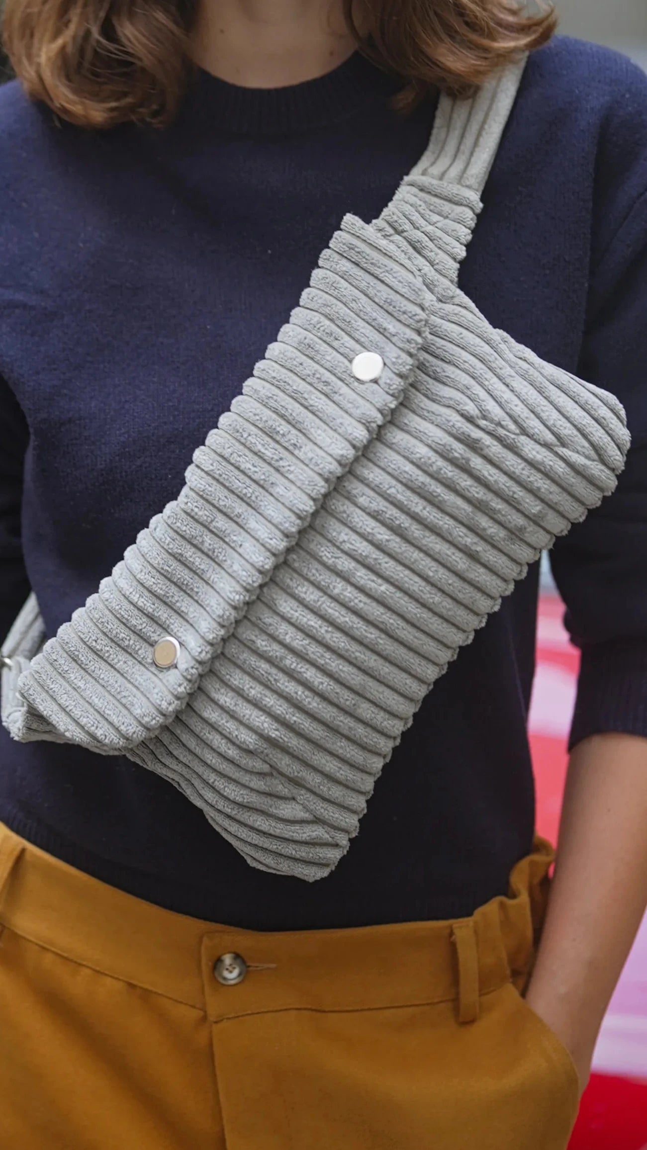 women's gray corduroy fanny pack