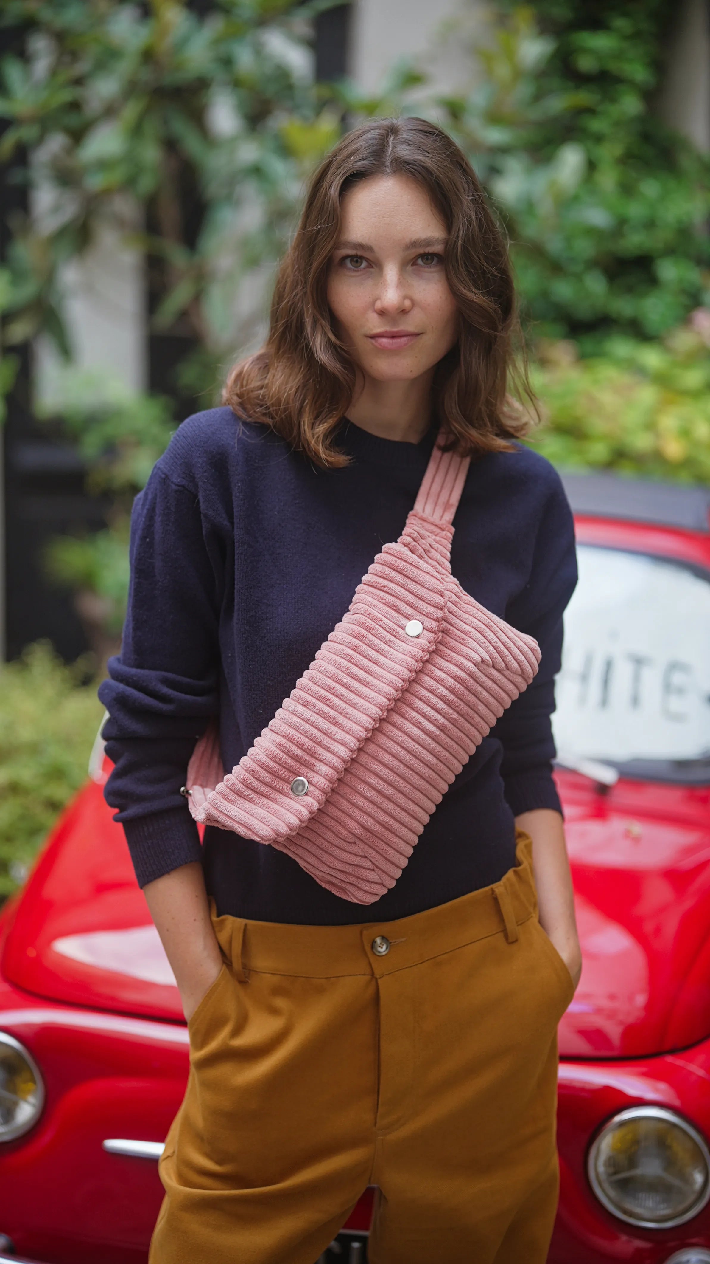 women's pink corduroy fanny pack