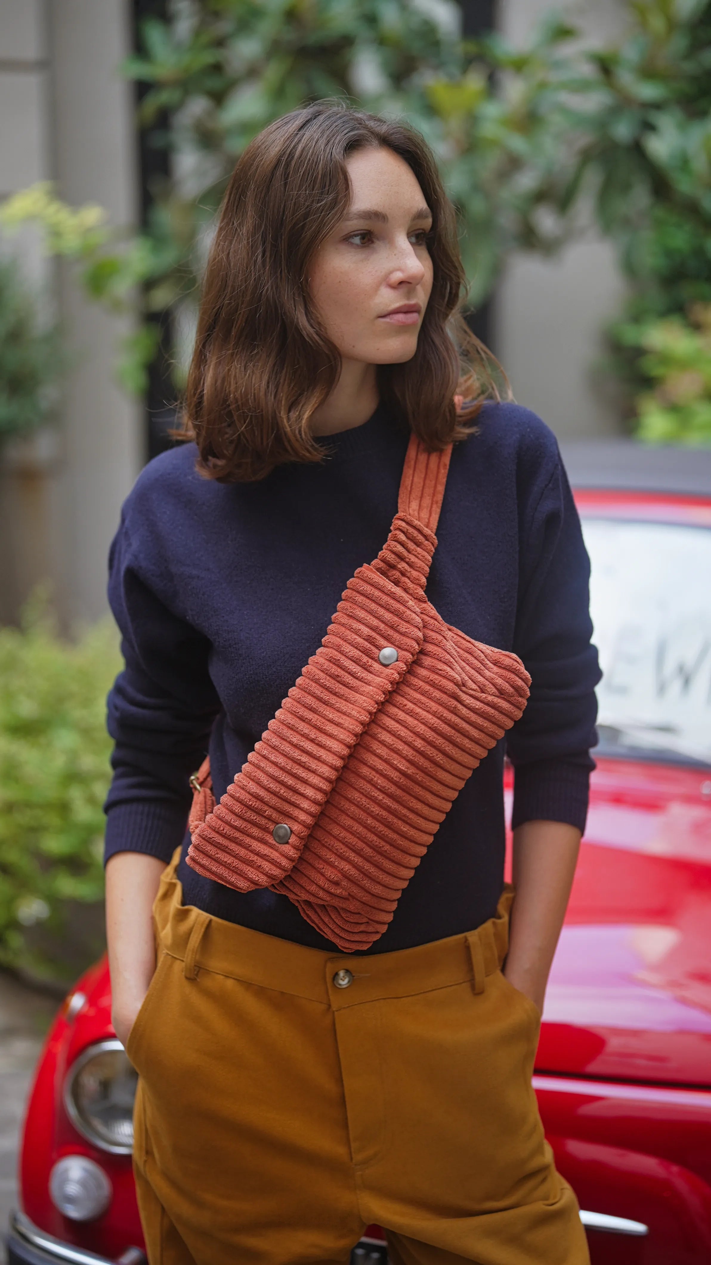 dark red corduroy women's fanny pack