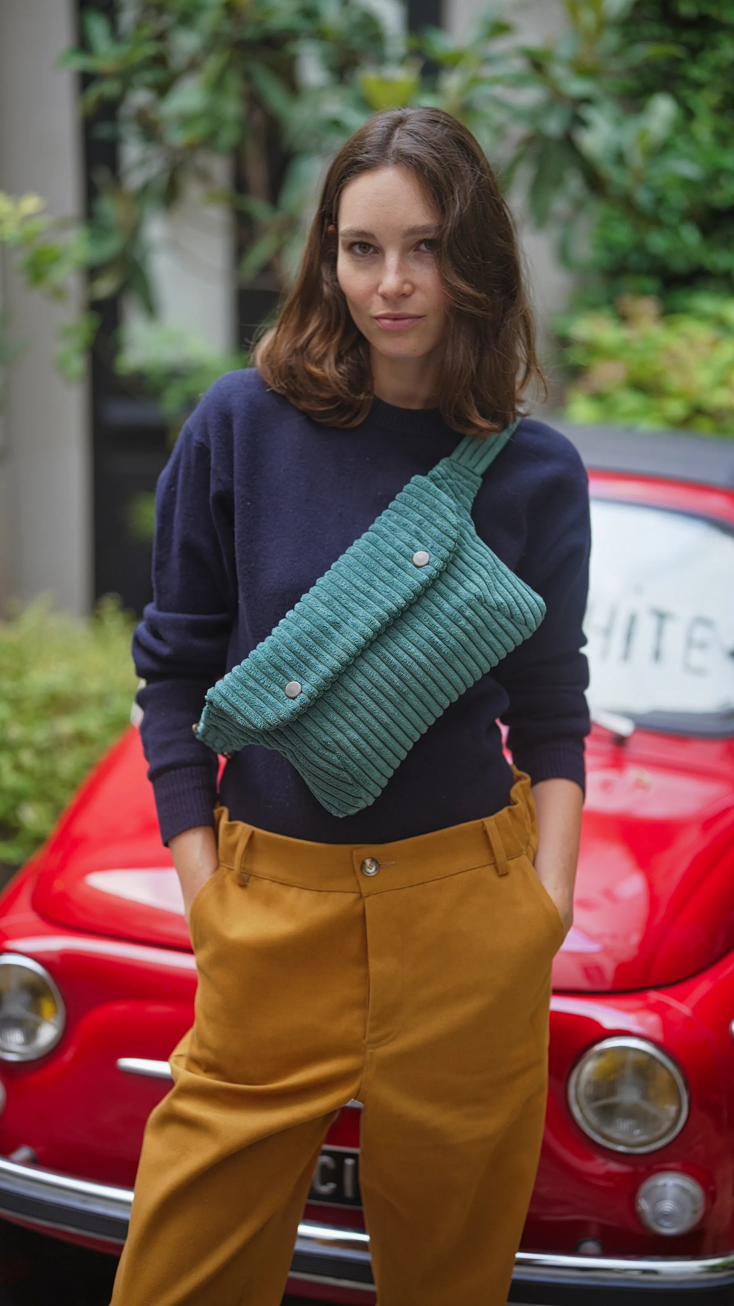 dark green corduroy women's fanny pack